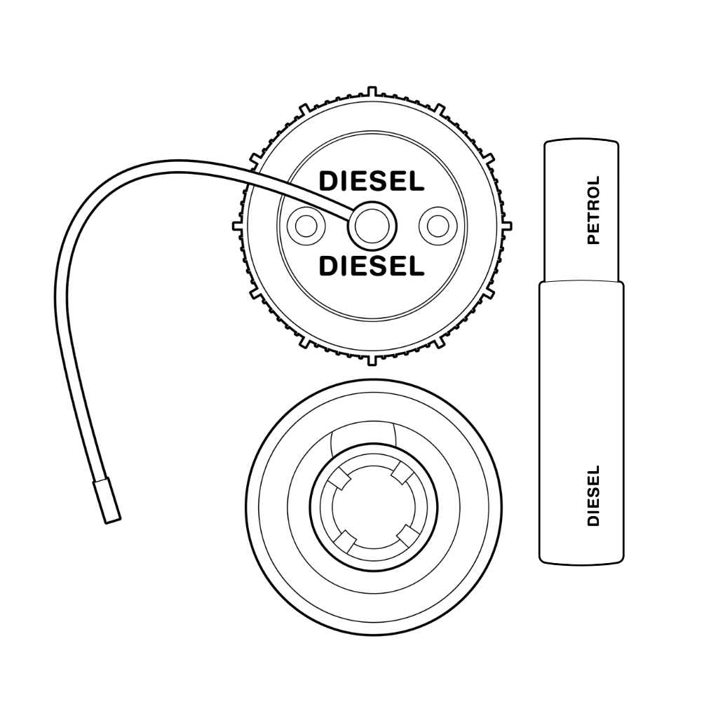 A technical line drawing of Diesel Fill Misfuelling Prevention Device. 